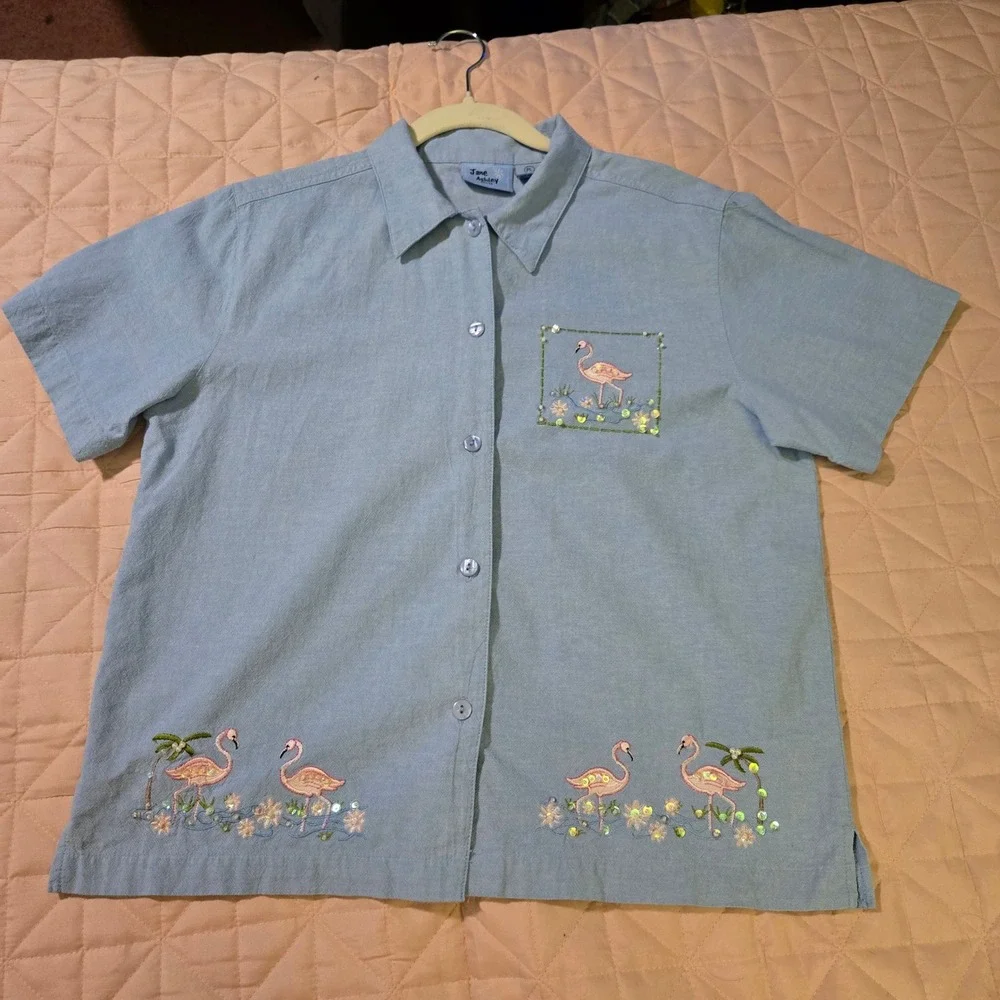 Jane Ashley Blue‎ Cotton Flamingo Chambray Set Top Pants PL Embroidery Sequin